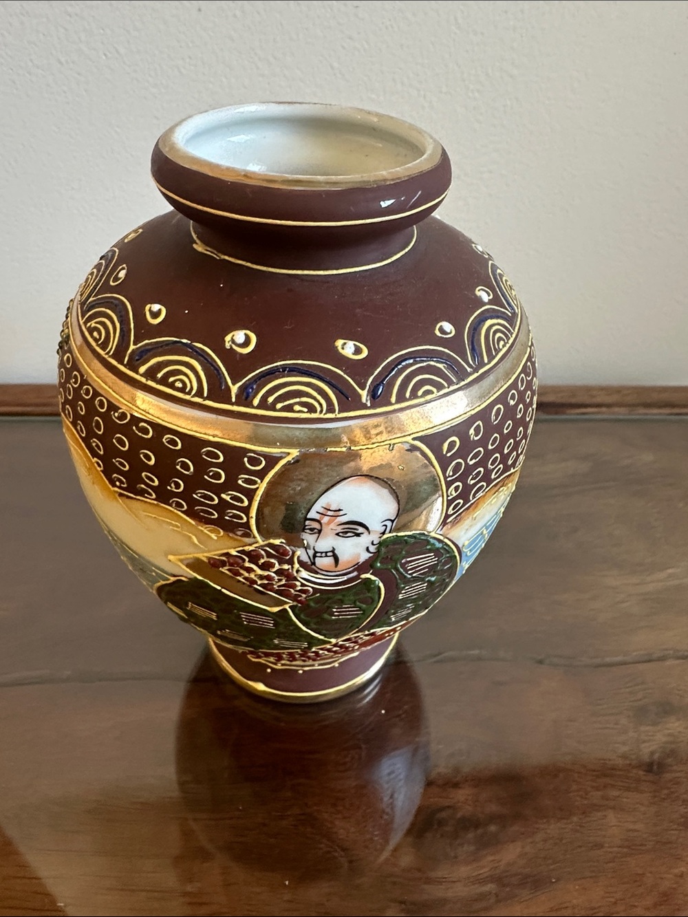 Hand-Painted Decorative Ceramic Vase in Deep Brown and Gold
